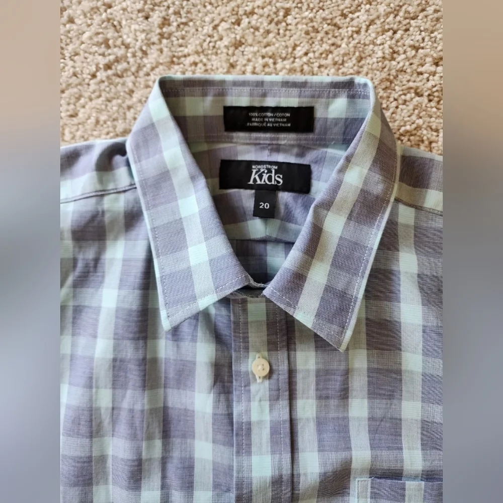 New Nordstrom kids Button Up long sleeve Shirt Boys Sz. 20 Gray/Blue/mint New